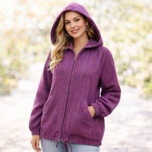 Vintage Tregwynt Welsh Wool Coat Womens XL Tweed Hooded Zip Up Drawstring Purple